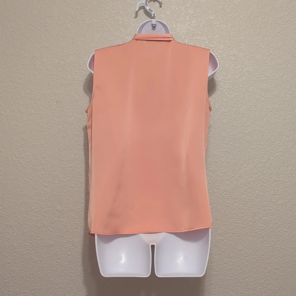 Donna Karan peach satin sleeveless tie neck detail hidden button down blouse - Picture 13 of 14